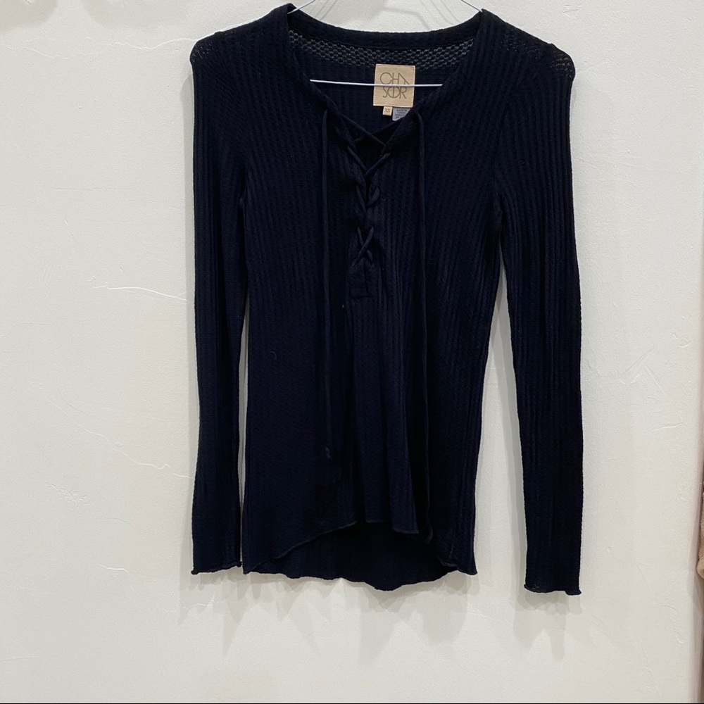 Chaser Black Tie Up Front Waffle Knit long Sleeve